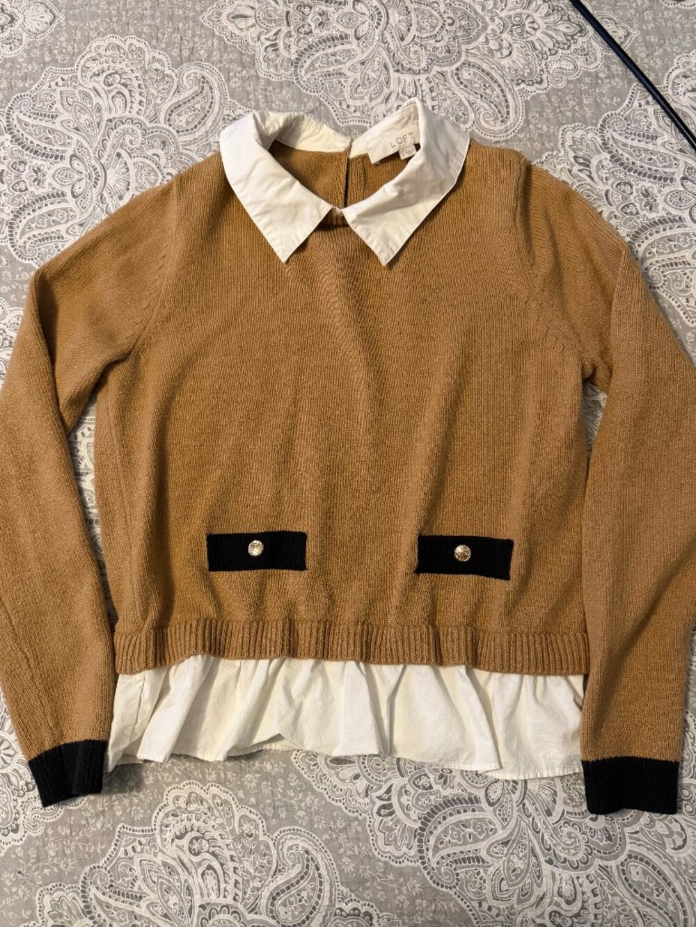 LOFT Layered Sweater Women’s M Camel White Collared Preppy